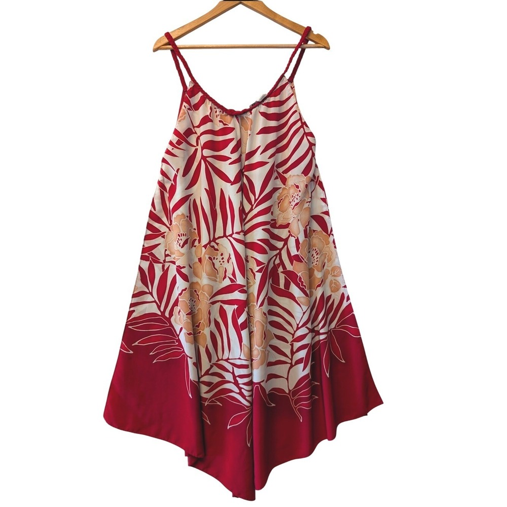 Oscar de la Renta Red Tropical Floral Handkerchief Hem Dress XL 630100T